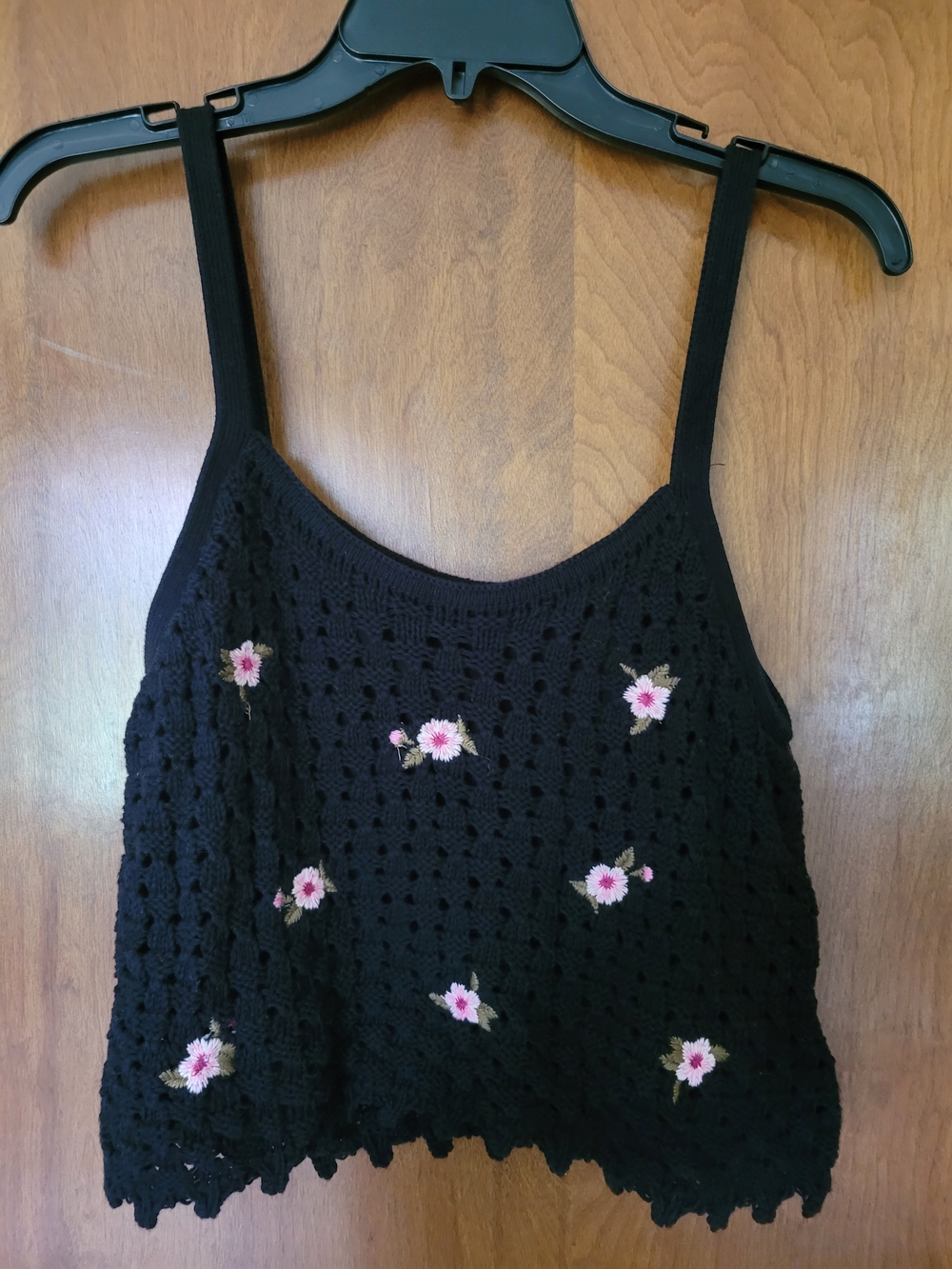 Arizona Jean Company Black Crocheted Crop Top with Pink Floral Accents